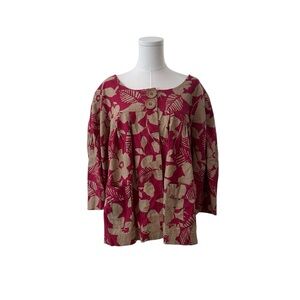 Women's 2X Linen Cotton Botanical Pink Tan Relaxed Boxy Cardigan Work Casual Top